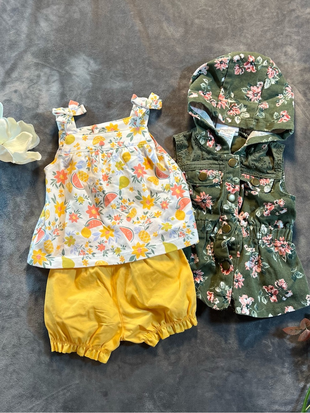 Carter's Yellow Floral Tank, Yellow Bloomers & Green Floral Hooded Vest